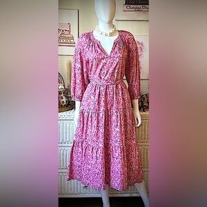 Xirena Annieka 100% cotton tiered belted midi dress in pink floral print size XS